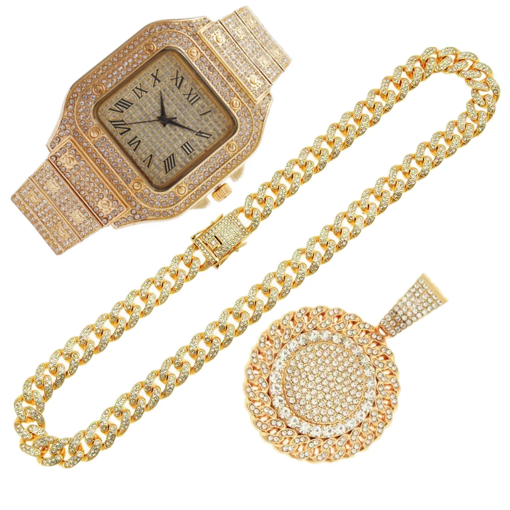2pcs Iced Out Watches Necklace - Luxury Watch Miami 评论和价格