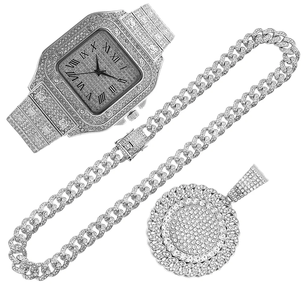 2pcs Iced Out Watches Necklace - Luxury Watch Miami 评论和价格