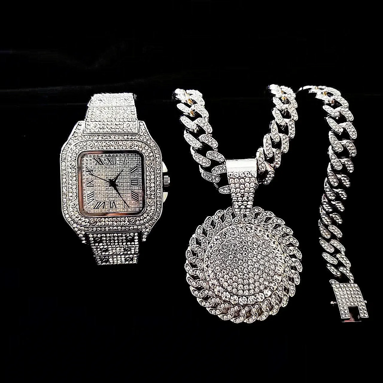 2pcs Iced Out Watches Necklace - Luxury Watch Miami 评论和价格