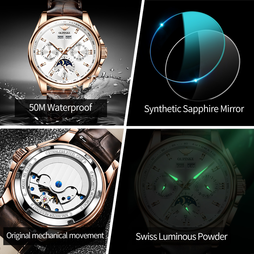 OUPINKE 3189 Men Fully Automat - Moonphase Complication Watch 评论和价格